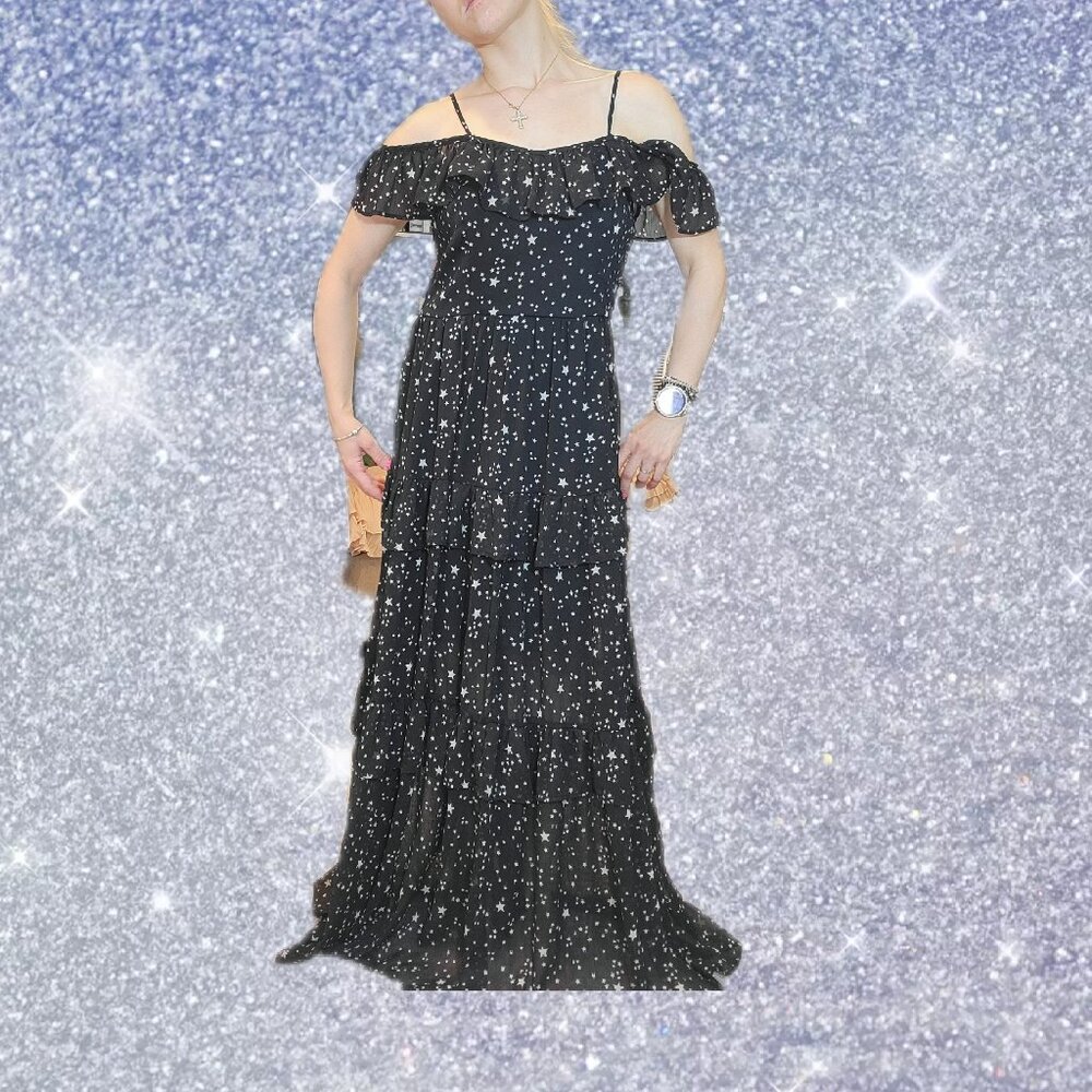 🖤Black Ruffle Maxi Off the Shoulder Dress with White Stars Pattern🖤